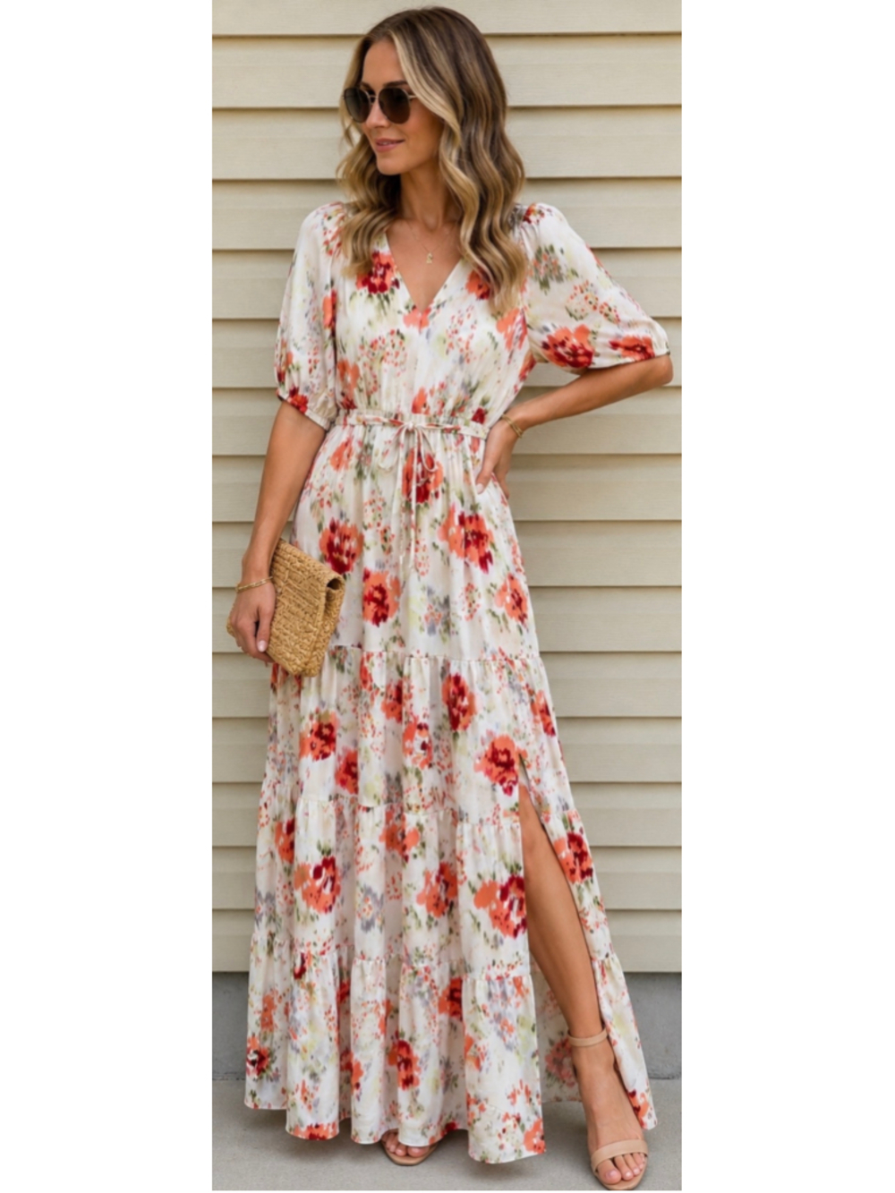 PINCH Maxi Dress Womens L NWT Floral Tiered Puff Sleeve Drawstring Waist Boho